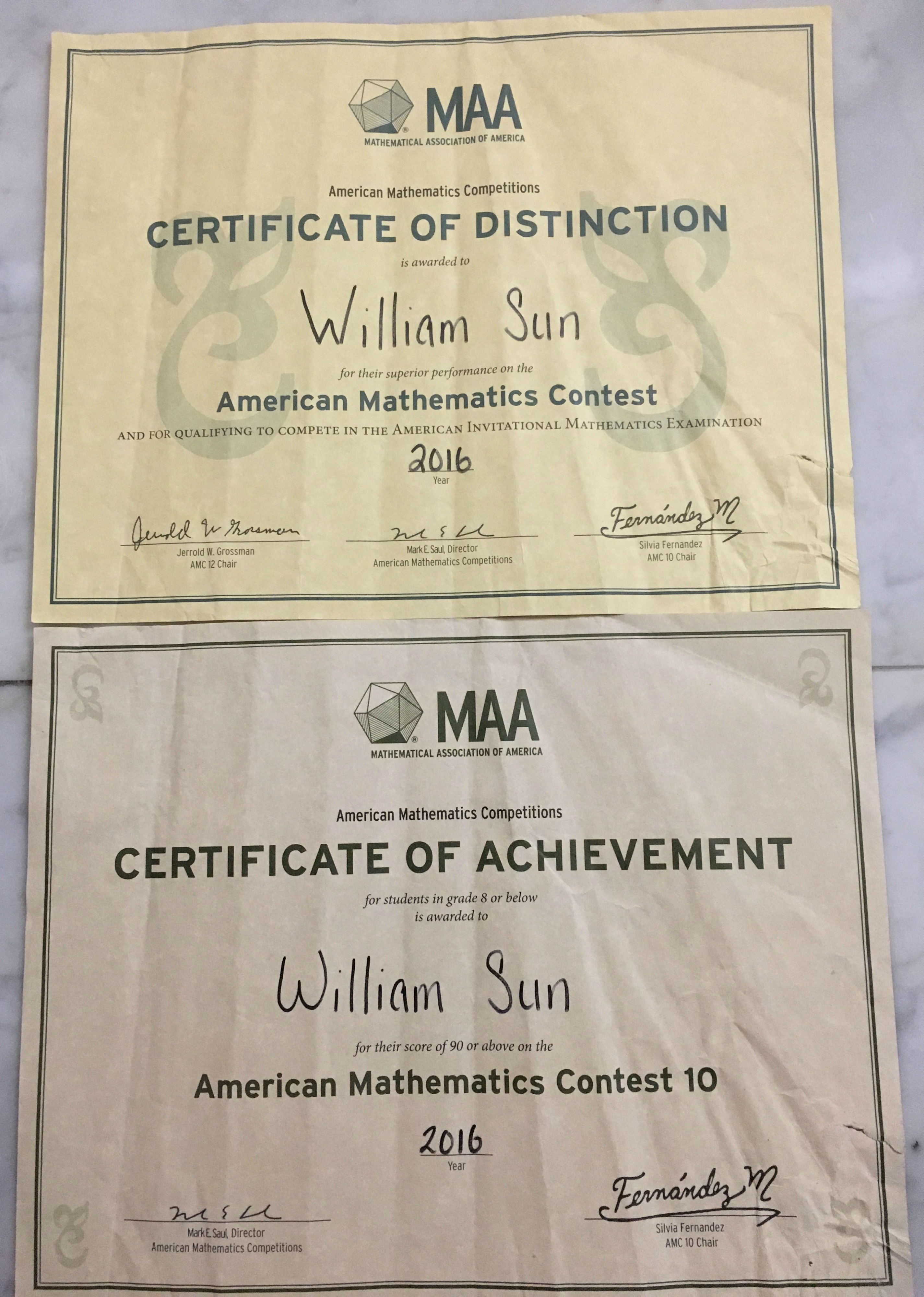 My certificates from qualifying for the AIME