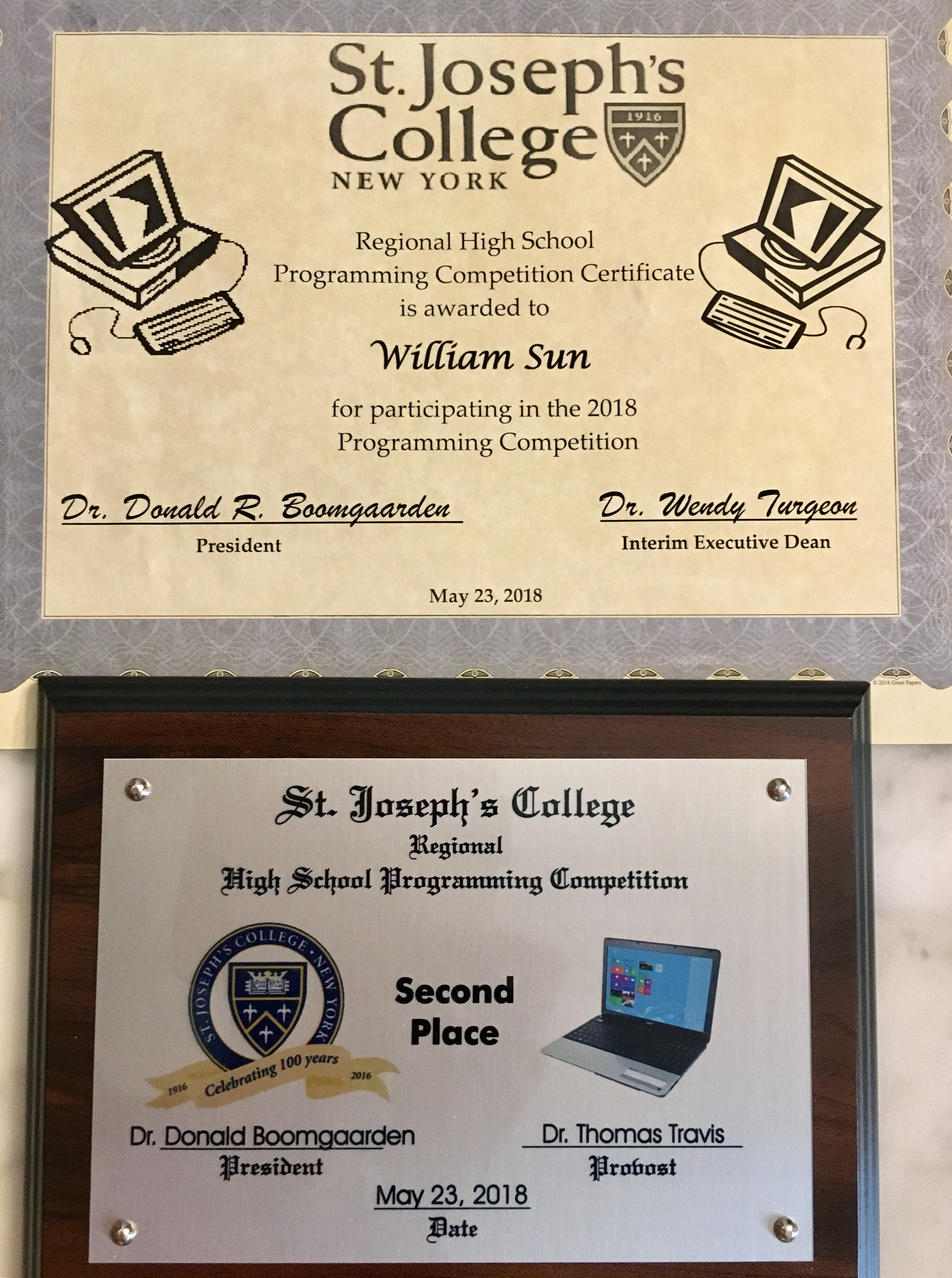 My 2nd place plaque and certificate from 2018