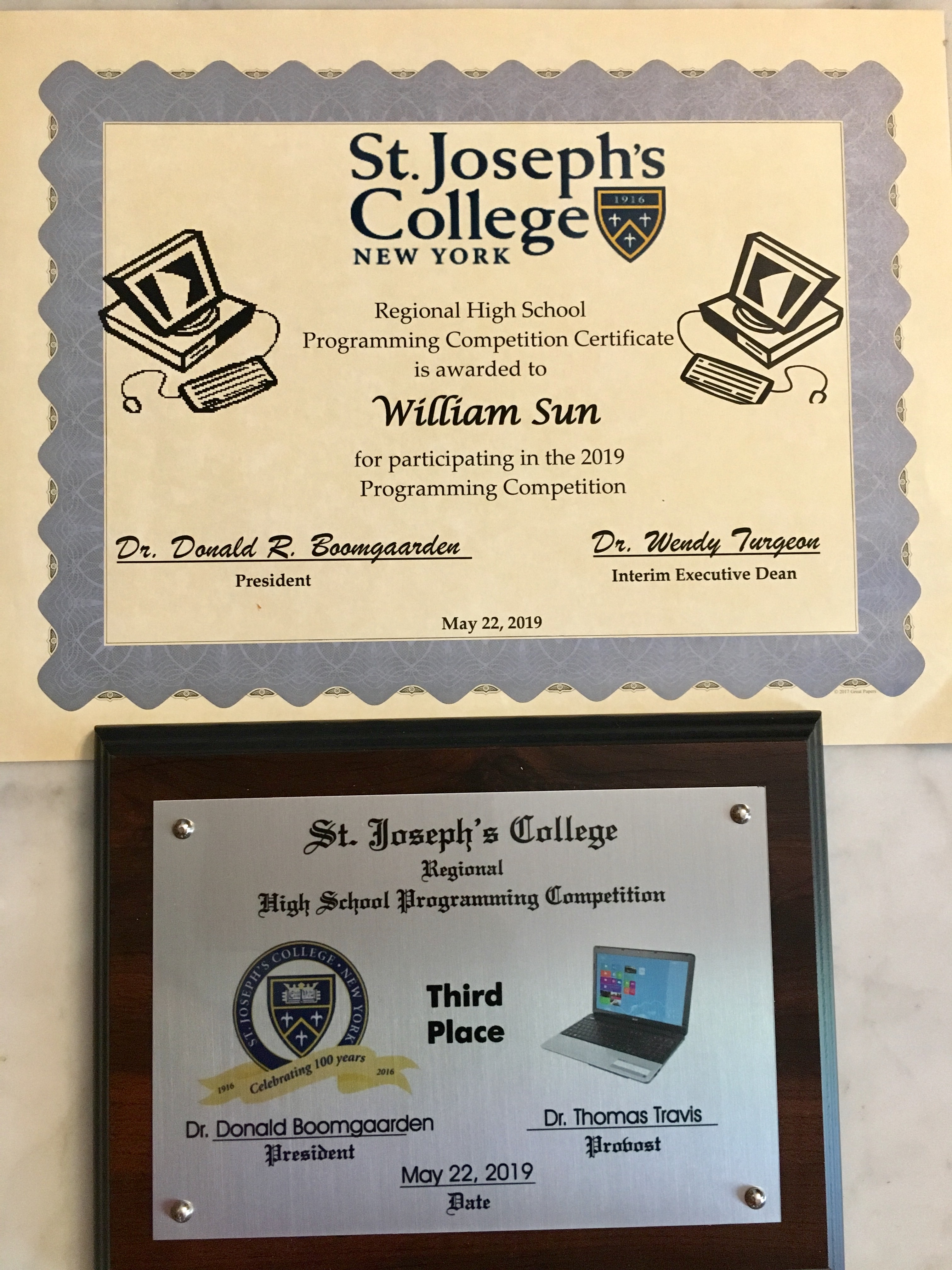 My 3rd place plaque and certificate from 2019