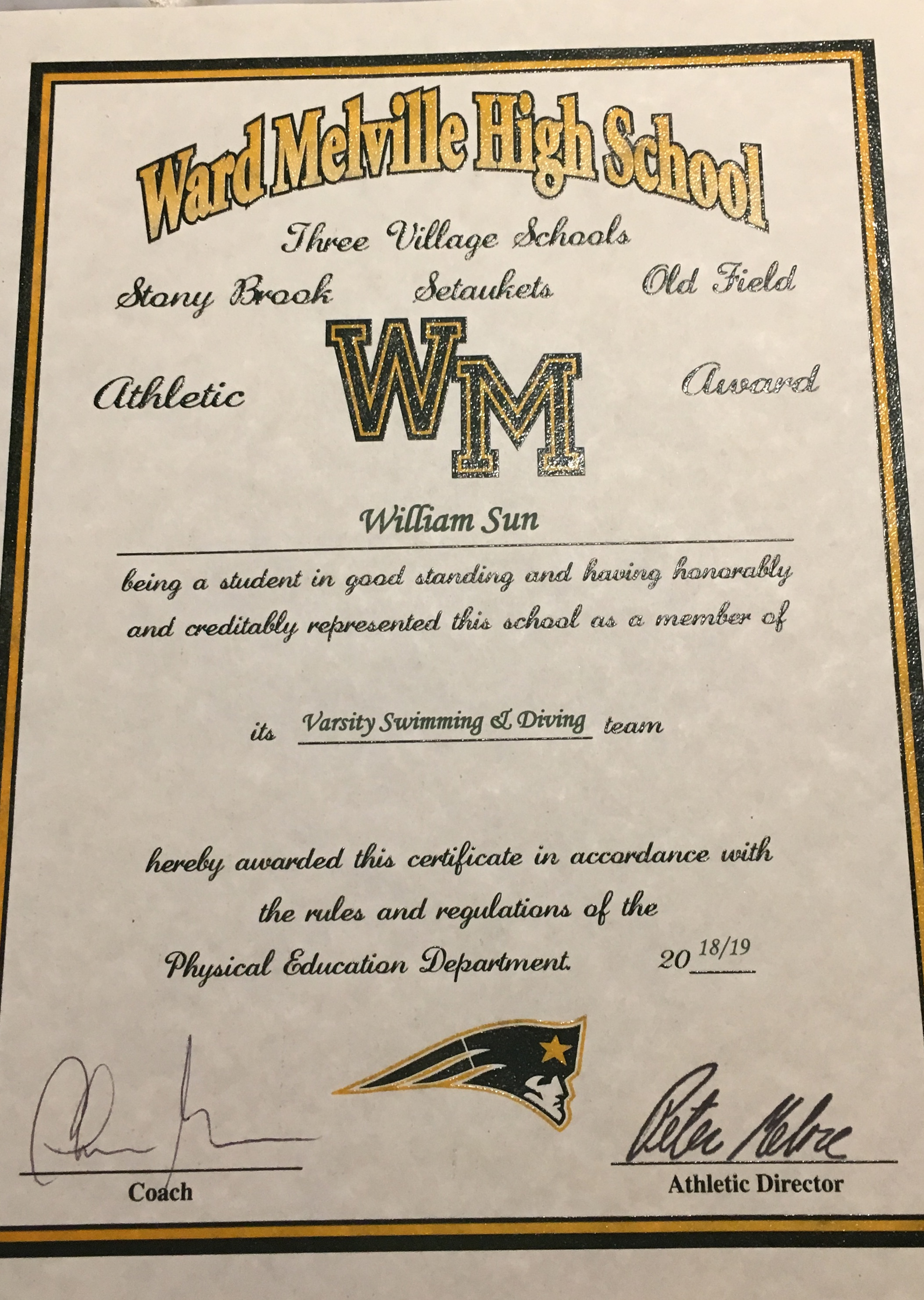 My certificate for joining Varsity Boys Swimming and Diving